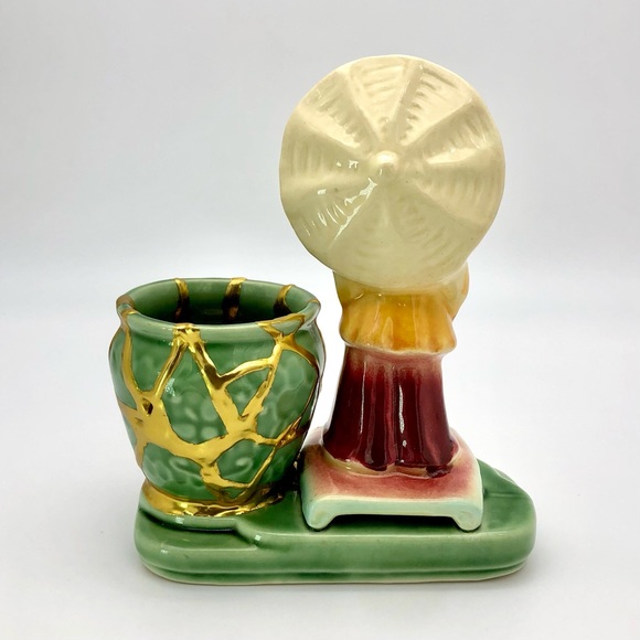 Kintsugi Planter Shawnee USA Asian Girl Gold Crack Personal Growth Gift Vtg MCM - Picture 4 of 9